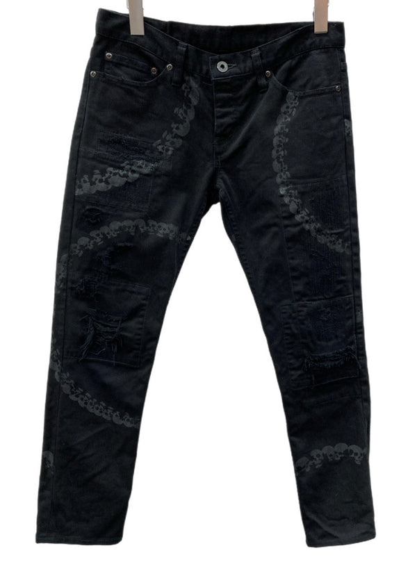 ヒステリックス HYSTERICS ローライズ ローウエスト ストレートパンツ ダメージ レース ドクロサークル 骸骨 Y2K 平成 日本製 BLACK 黒 3AP-4332 デニム スカル ブラック Sサイズ 104LB-52