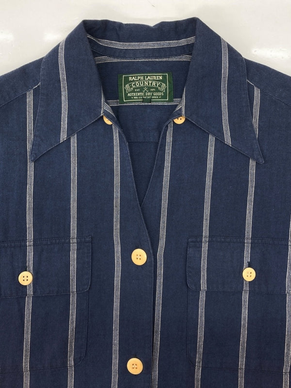 ラルフローレン RalphLauren COUNTRY 90s STRIPE S/S SHIRT ストライプ 半袖 シャツ フラップポケット インパクト21 紺 サイズ 7 半袖シャツ ストライプ ネイビー 104MT-2353