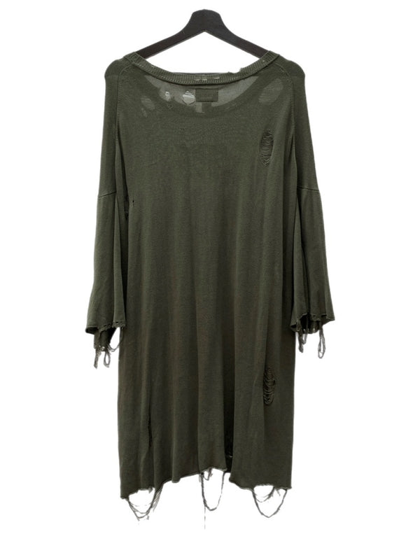 カミヤ KAMIYA PRINTED KNIT TEE プリント ニット Tシャツ ダメージ加工 半袖 セーター 緑 G12TS051 セーター プリント カーキ Mサイズ 104MT-2221