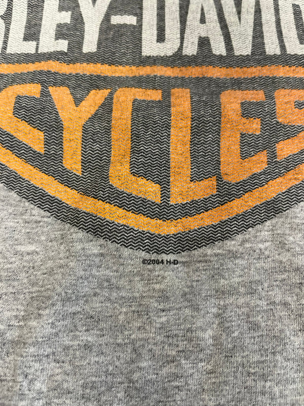 ハーレーダビッドソン HARLEY DAVIDSON 00's ©2004 シールドロゴ プリント モーターサイクル 袖プリント XL ロンT グレー LLサイズ 101MT-4110