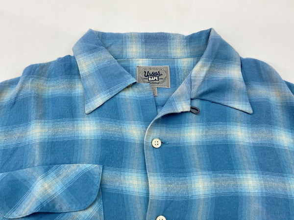 アベイシングエイプ A BATHING APE URSUS BAPE オンブレ チェック オープンカラー シャツ レーヨン 青 長袖シャツ チェック ブルー Lサイズ 104MT-2037