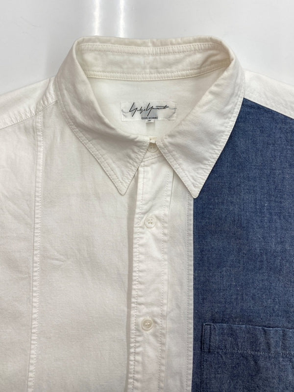 ヨウジヤマモト Yohji Yamamoto POUR HOMME PATCHWORK S/S SHIRT パッチワーク 半袖シャツ ボタン 白 紺 HU-B62-807 サイズ 2 半袖シャツ ロゴ ホワイト 104MT-1641
