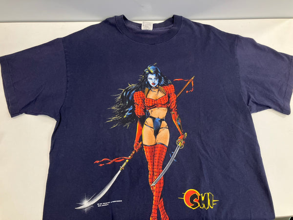 ヴィンテージ vintage 90's 90年代 anvil LADY DEATH SHI WILLIAM TUCCI アメコミ 漫画 アートT XL Tシャツ ネイビー LLサイズ 101MT-4220