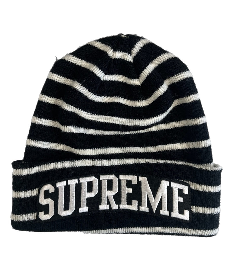Supreme ニット帽 黒/白 シュプリーム SUPREME Team Stripe Beanie ストライプ ビーニー ロゴ