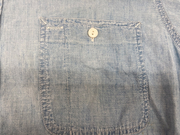 ダブルアールエル RRL 90s 三ツ星タグ SHIRT ステンカラー 猫目ボタン 胸ポケット ヴィンテージ VINTAGE ラルフローレン RALPH LAUREN コットン モーリシャス製 ライトブルー 青 無地 ブルー Mサイズ 104MT-2024
