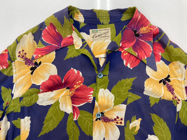 ヴィンテージ vintage 50s 50年代 CAMERON of CALIFORNIA ALOHA SHIRT アロハシャツ 長袖 オープンカラー 開襟 フェード ナス紺 長袖シャツ 総柄 マルチカラー Lサイズ 104MT-1827
