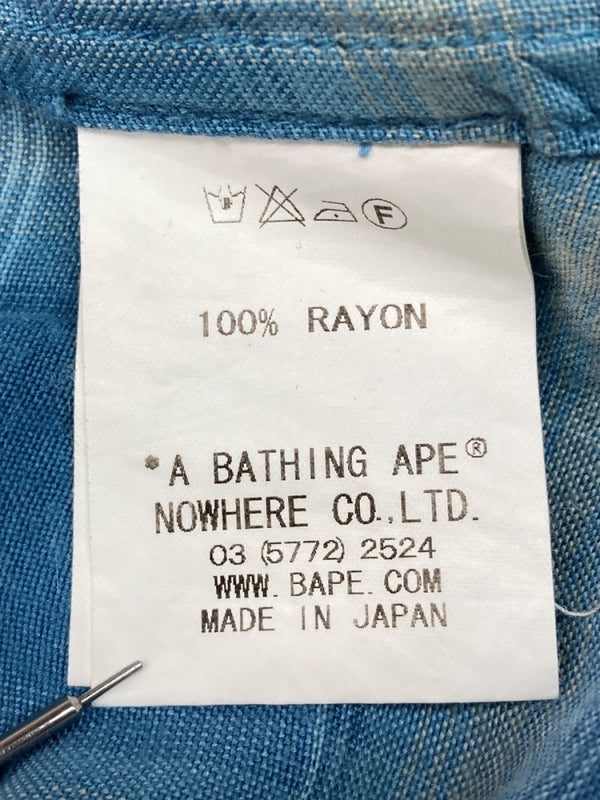 アベイシングエイプ A BATHING APE URSUS BAPE オンブレ チェック オープンカラー シャツ レーヨン 青 長袖シャツ チェック ブルー Lサイズ 104MT-2037