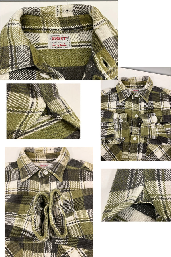 ヴィンテージ vintage 60'S 60年代 BRENT ブレント マチ付き ヘビーフランネルシャツ ヘビネル マチネル フラップポケット ブロックチェック  LONG TAILE 長袖シャツ グリーン Lサイズ 101MT-4029