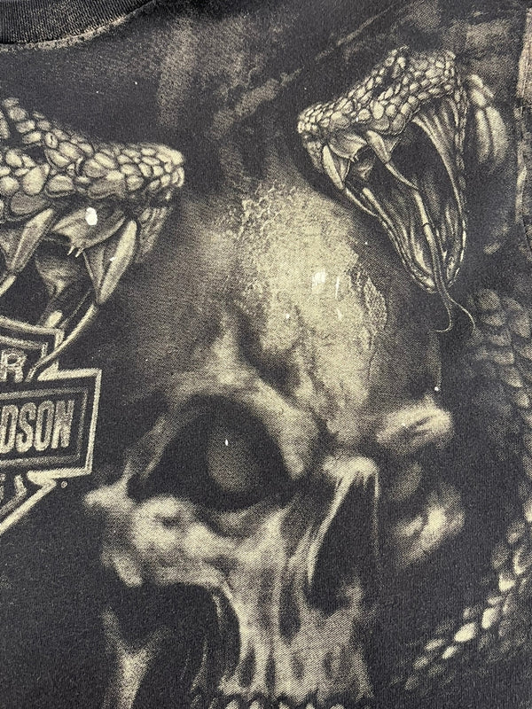 ハーレーダビッドソン Harley-Davidson 00's RIDE HARD PIKES PEAK ドクロ コブラ スカル モーターサイクル バイク プリント 黒 Tシャツ ブラック Lサイズ 101MT-4528