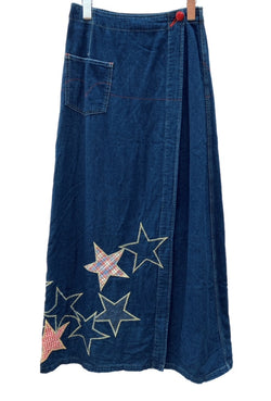 ヒステリックグラマー HYSTERIC GLAMOUR ロング ラップスカート トレンド パッチワーク 星 スター 裏地チェック Y2K 平成 日本製 インディゴ 2AK-1040 スカート チェック ネイビー Fサイズ 104LB-51