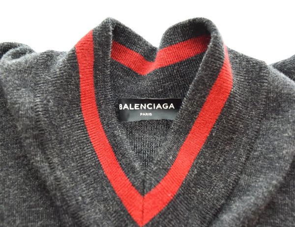 バレンシアガ BALENCIAGA 17AW Vネック チルデンニット 2017 ロゴ セーター グレー Lサイズ 103MT-2936