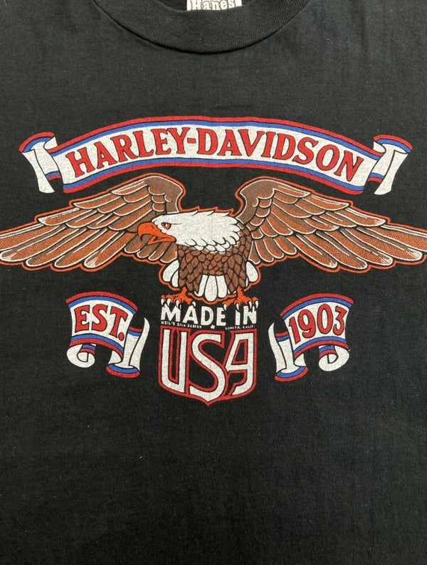 ヴィンテージ vintage 70s 80s Harley Davidson ハーレー ダビッドソン S/S TEE 半袖 Tシャツ Hanes モーターサイクル 両面プリント 黒 L 42-44 Tシャツ プリント ブラック 104MT-1190