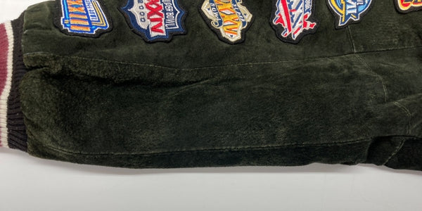 エヌエフエル NFL XLII SUPER BOEL スーパーボウル スタジャン アウター アメフト レザー 革 スエード スウェード ワッペン 刺繍 KHAKI 深緑  6A7GBB00 ジャケット ロゴ カーキ XLサイズ 104MT-1823