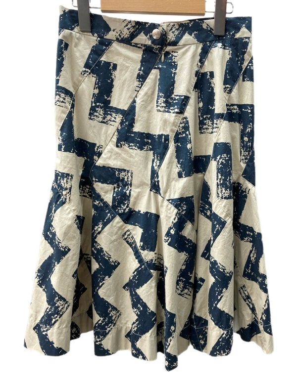 ヴィヴィアンウエストウッド Vivienne Westwood レッドレーベル RED LABEL フレアスカート ミモレ丈 パンク 柄 ギザギザ 日本製 BEIGE 紺 NAVY SIZE38 357-01-26020 スカート 幾何柄 ベージュ 104LB-25