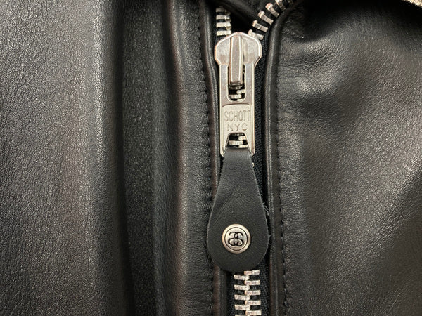 ステューシー STUSSY Schott ショット コラボ ダブル ライダース レザー 革ジャン カウレザー 牛革 USA製 黒 7516 サイズ 38 ジャケット 無地 ブラック 104MT-2076