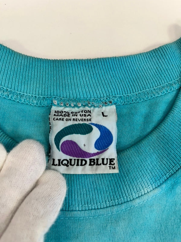 US US古着 90s ©1996 ヴィンテージ Vintage LIQUID BLUE 総柄 アニマルTシャツ 海 ビーチ ウミガメプリント  Tシャツ ブルー Lサイズ 101MT-4835