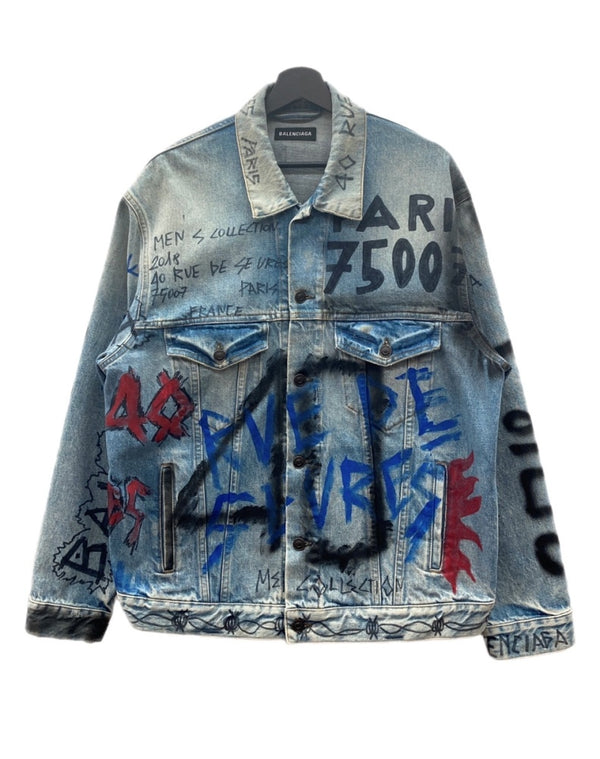 バレンシアガ BALENCIAGA 18AW GRAPHIC DENIM JACKET グラフィック デニム ジャケット Gジャン オーバーサイズ インディゴ 青 534556 TBP33 サイズ 44 ジャケット 総柄 ブルー 104MT-1857