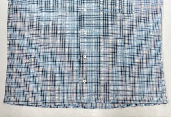 ダブルアールエル RRL 90s OPEN COLLAR SHIRT オープン カラー シャツ アロハ ハワイアン ワーク 半袖 開襟 三ツ星タグ Ralph Lauren 青 半袖シャツ チェック ブルー Mサイズ 104MT-1517