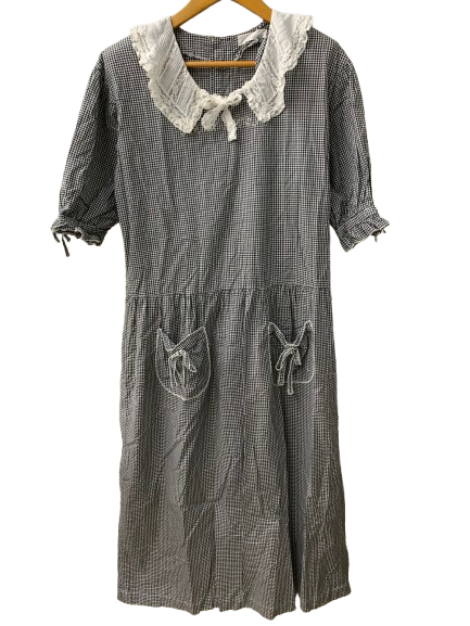 ピンクハウス PINK HOUSE ギンガムチェック柄 リボン レース 襟付き 半袖ワンピース ワンピース ブラック 201LT-430
