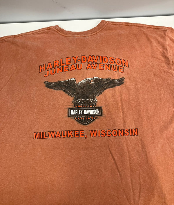 ハーレーダビッドソン Harley-Davidson 00's MORTERCYCLE イーグル モーターサイクル バイク バーアンドシールドロゴ 両面プリント  ポケット XL Tシャツ オレンジ LLサイズ 101MT-4536