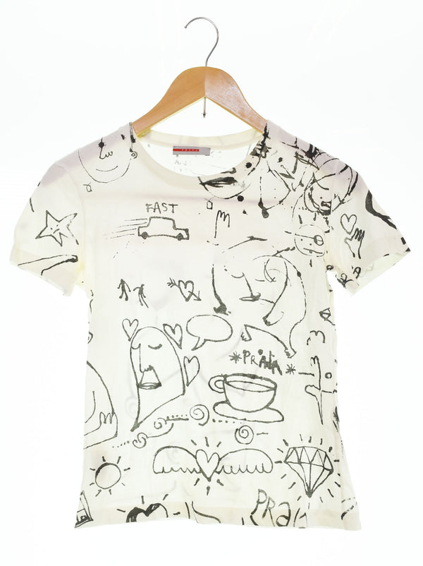 プラダ PRADA 2007ss Adam Neate アダムニートアーカイブ archive 総柄 プリント 半袖Tシャツ 白 Tシャツ ホワイト Lサイズ 103MT-2646