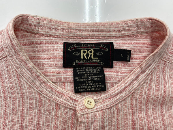 ダブルアールエル RRL 90s 三ツ星タグ バンドカラー ノーカラー マチ付き  グランパシャツ リネン混 長袖シャツ ストライプ ピンク Lサイズ 104MT-2060