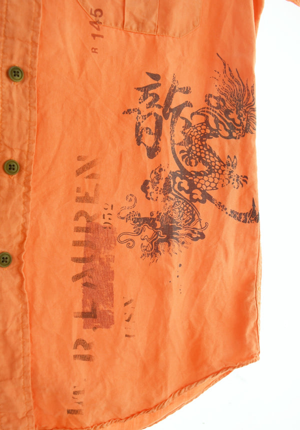 ラルフローレン RalphLauren 90s ドラゴン リネンシルク 長袖シャツ オレンジ Sサイズ 103MT-2779