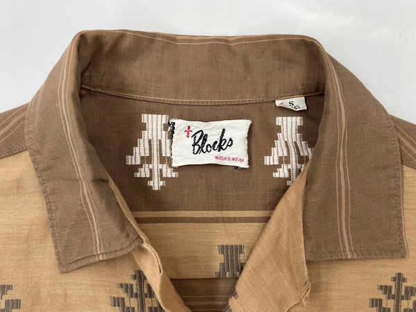 ヴィンテージ vintage 60s 60年代 Blocks 開襟 オープンカラーシャツ ボーダー 民族 茶色 長袖シャツ 刺繍 ブラウン Sサイズ 104MT-1753