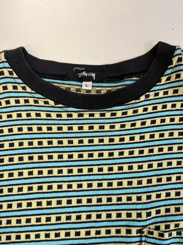 ステューシー STUSSY 80s 80's 初期 黒タグ OLD STUSSY ジャガード ボーダー ポケットTシャツ USA製 オールド VINTAGE ヴィンテージ 裏原 Tシャツ マルチカラー Lサイズ 101MT-5053