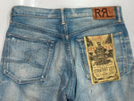 ダブルアールエル RRL DENIM PANTS デニム パンツ ボタンフライ ダメージ加工 ジーパン ジーンズ USA製 Ralph Lauren インディゴ 青 ロゴ R41RB07 デニム ブルー サイズ 33 104MB-214