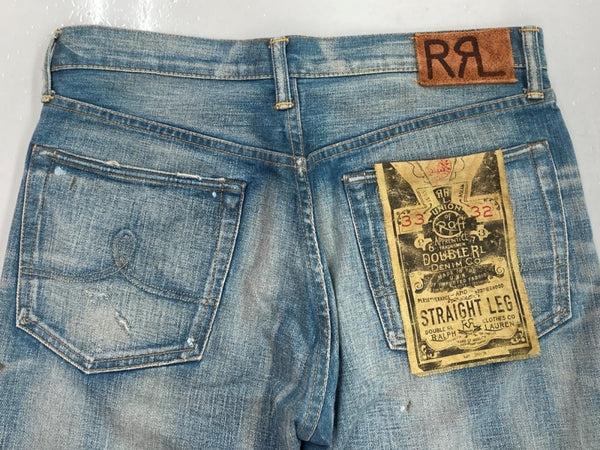 ダブルアールエル RRL DENIM PANTS デニム パンツ ボタンフライ ダメージ加工 ジーパン ジーンズ USA製 Ralph Lauren インディゴ 青 ロゴ R41RB07 デニム ブルー サイズ 33 104MB-214