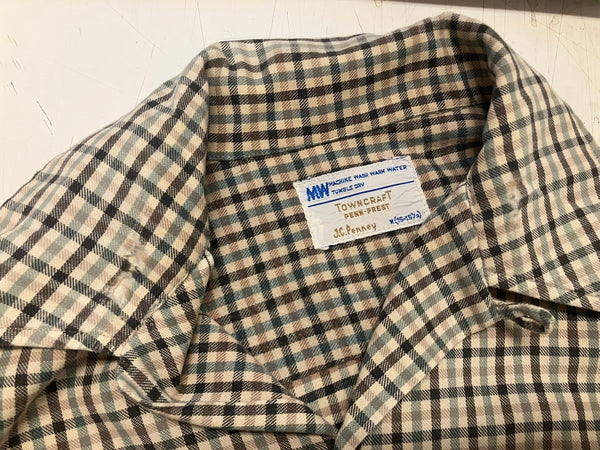 ヴィンテージ vintage 60's~ 60年代～ TOWN CRAFT J.C.Penney プリントネルシャツ チェック オープンカラー ボックス 開襟 ループカラー タウンクラフト 長袖シャツ グリーン Mサイズ 101MT-4977