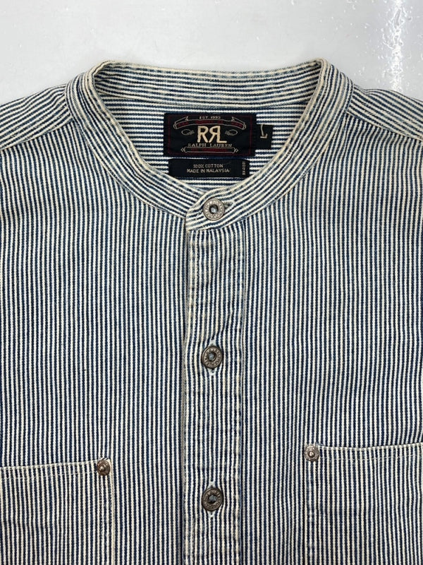 ダブルアールエル RRL 90s BAND COLLAR SHIRT JACKET バンド カラー シャツ ジャケット ワーク 三ツ星タグ Ralph Lauren 青 ジャケット ストライプ ブルー Lサイズ 104MT-1502