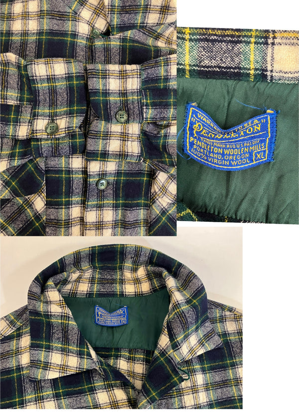 ペンドルトン PENDLETON 50's 50年代 オープンカラー ボードシャツ ウールシャツ 開襟 チェック vintage ヴィンテージ XL 長袖シャツ グリーン LLサイズ 101MT-3647