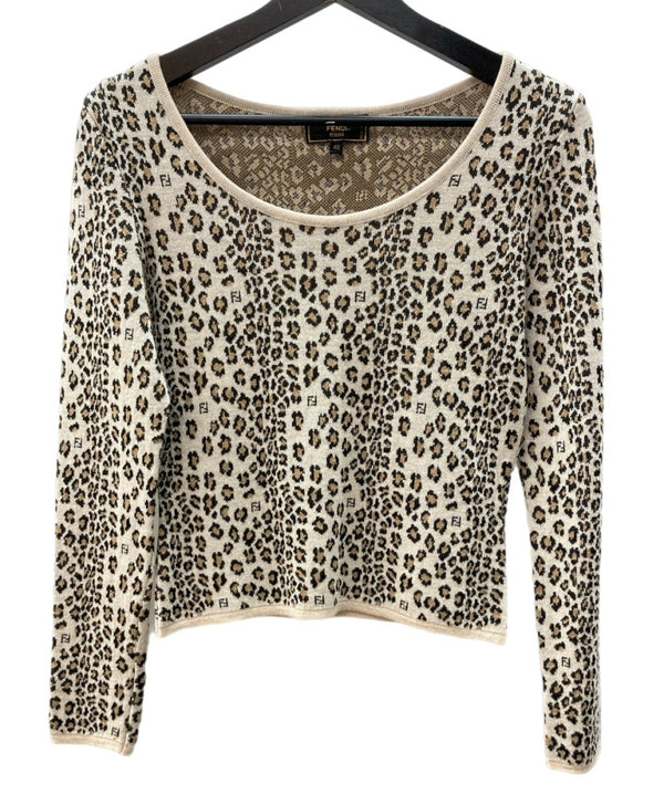 フェンディ FENDI オールド OLD レトロ ニット ラウンドネック 総柄 ロゴ ウール ビスコース レーヨン MADE IN ITALY イタリア製  セーター ヒョウ柄・レオパード柄 ベージュ SIZE40 104LT-248