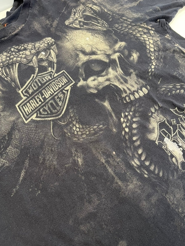 ハーレーダビッドソン Harley-Davidson 00's RIDE HARD PIKES PEAK ドクロ コブラ スカル モーターサイクル バイク プリント 黒 Tシャツ ブラック Lサイズ 101MT-4528