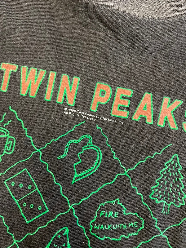 US US古着 90s ©1990 TWIN PEAKS USA製 ビンテージ 90年代 ツインピークス ブラックフェード 袖シングル XL Tシャツ ブラック 101MT-4932