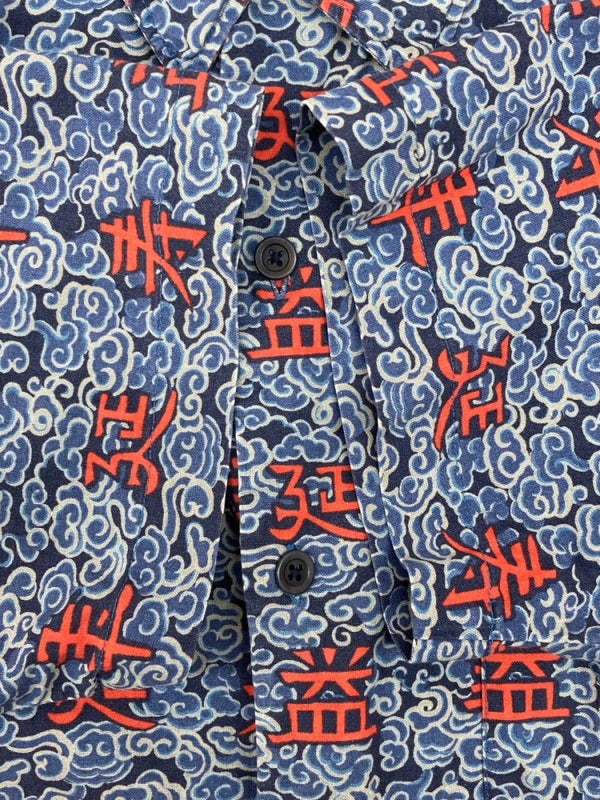 ラルフローレン RalphLauren POLO JEANS 90s 00s OPEN COLLAR SHIRT オープン カラー シャツ アロハ パートナー21 和柄 開襟 漢字 半袖 青 半袖シャツ 総柄 ブルー Sサイズ 104MT-2351