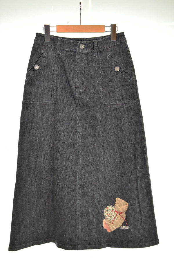 ピンクハウス PINK HOUSE 裾ベアーフラワー刺繍 デニムスカート スカート ブラック Mサイズ 103LB-9