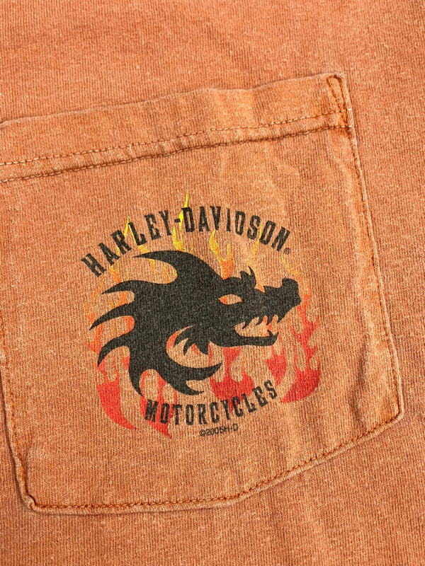 ハーレーダビッドソン Harley-Davidson 00's MORTERCYCLE イーグル モーターサイクル バイク バーアンドシールドロゴ 両面プリント  ポケット XL Tシャツ オレンジ LLサイズ 101MT-4536