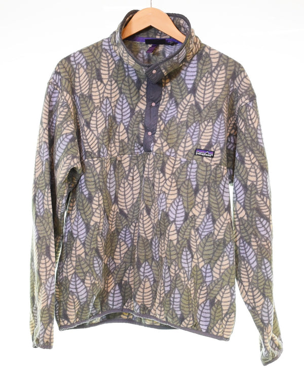 パタゴニア PATAGONIA 90's USA製 ハーフボタン プルオーバー シンチラ フリース LEAF 総柄 25200 ジャケット グリーン Lサイズ 103MT-3072