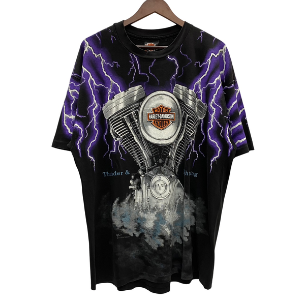 【曜日割引対象外】 ハーレーダビッドソン Harley Davidson 90's Thunder & Lightning USA製 Hanes Tシャツ ブラック XLサイズ 201MT-4201 VB