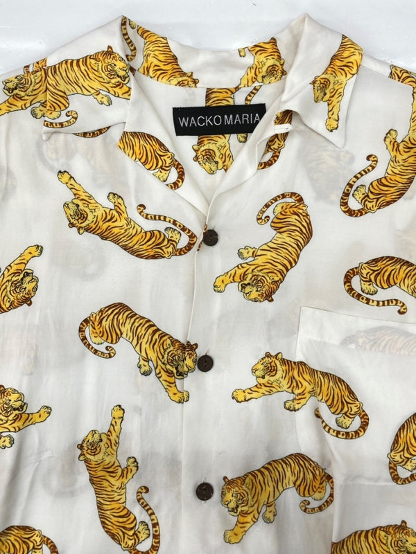 ワコマリア WACKO MARIA OPENCOLOR SHIRT オープンカラー シャツ TIM LEHI ティム リーハイ タイガー 虎 ハワイアン アロハ 開襟 半袖 白 黄 半袖シャツ 総柄 ホワイト Mサイズ 104MT-2330