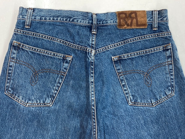 ダブルアールエル RRL DENIM PANTS デニム パンツ ボタンフライ ジーパン ジーンズ USA製 Ralph Lauren インディゴ 青 ロゴ デニム ブルー サイズ 35 104MB-215