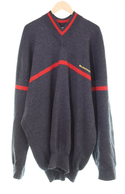 バレンシアガ BALENCIAGA 17AW Vネック チルデンニット 2017 ロゴ セーター グレー Lサイズ 103MT-2936