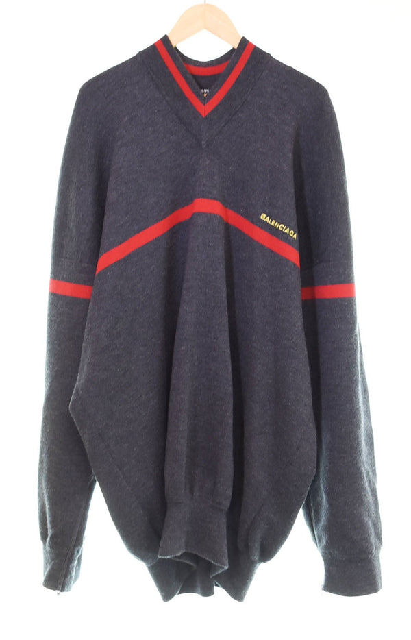 バレンシアガ BALENCIAGA 17AW Vネック チルデンニット 2017 ロゴ セーター グレー Lサイズ 103MT-2936