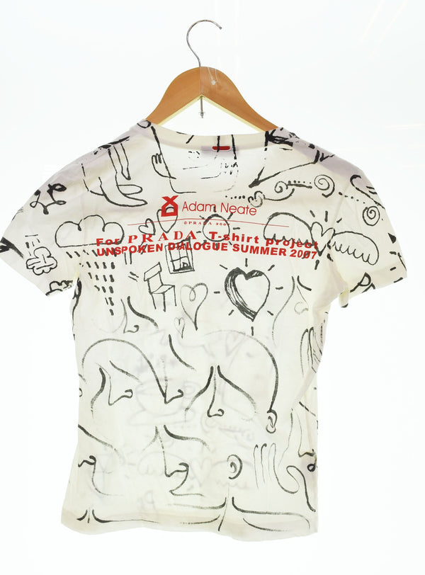 プラダ PRADA 2007ss Adam Neate アダムニートアーカイブ archive 総柄 プリント 半袖Tシャツ 白 Tシャツ ホワイト Lサイズ 103MT-2646