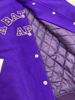 アベイシングエイプ A BATHING APE GIANT APE HEAD VARSITY JACKET ジャイアント エイプ ハード バーシティ ジャケット スタジャン 白 紫 ジャケット ロゴ パープル Lサイズ 104MT-765