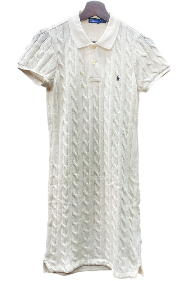 ラルフローレン RalphLauren ポロ POLO Mini Dress ケーブル コットン ニット ミニ ドレス ポロシャツ シグネチャー スリムフィット ロゴ刺繍 IVORY アイボリー オフホワイト ワンピース ワンポイント ホワイト Mサイズ 104LT-191