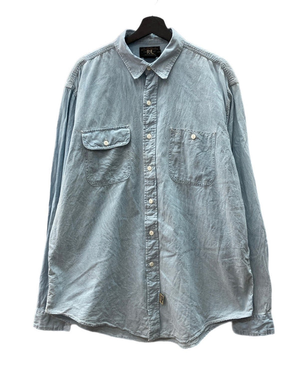 ダブルアールエル RRL 90s 三ツ星タグ ガチャポケ シャンブレー  猫目ボタン ワークシャツ 水色 長袖シャツ 無地 ブルー XLサイズ 104MT-2056